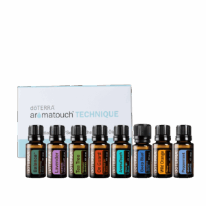 AromaTouch Nachfüll Set mit acht doTERRA Ölflaschen und Verpackung