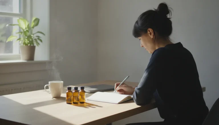Frau am Schreibtisch plant doTERRA Berater werden mit Notizbuch und Ölfläschchen