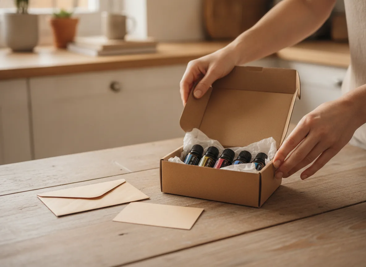 doTERRA Berater werden: der ehrliche Leitfaden 3 Hände öffnen ein Starterpaket mit ätherischen Ölfläschchen als Einstiegskosten-Symbol