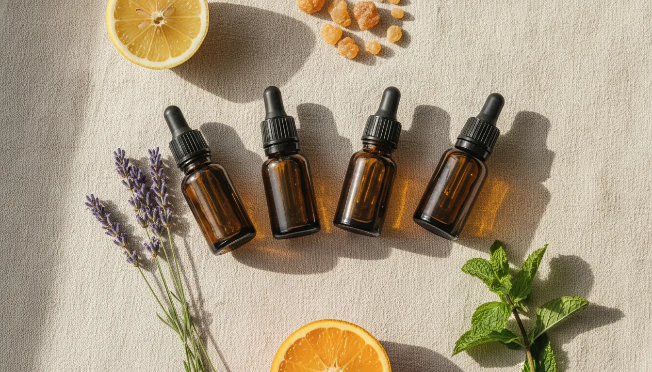 doTERRA Einsteiger Öle: Die 5 besten für den Start 1 doTERRA Einsteiger Oele: doTERRA Einsteiger Öle als Set auf hellem Leinenstoff arrangiert