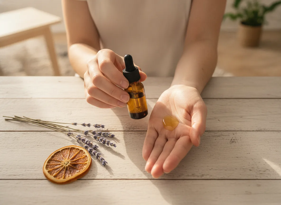 doTERRA Einsteiger Öle: Die 5 besten für den Start 2 Hände halten eine Flasche ätherisches Öl über einem Holztisch