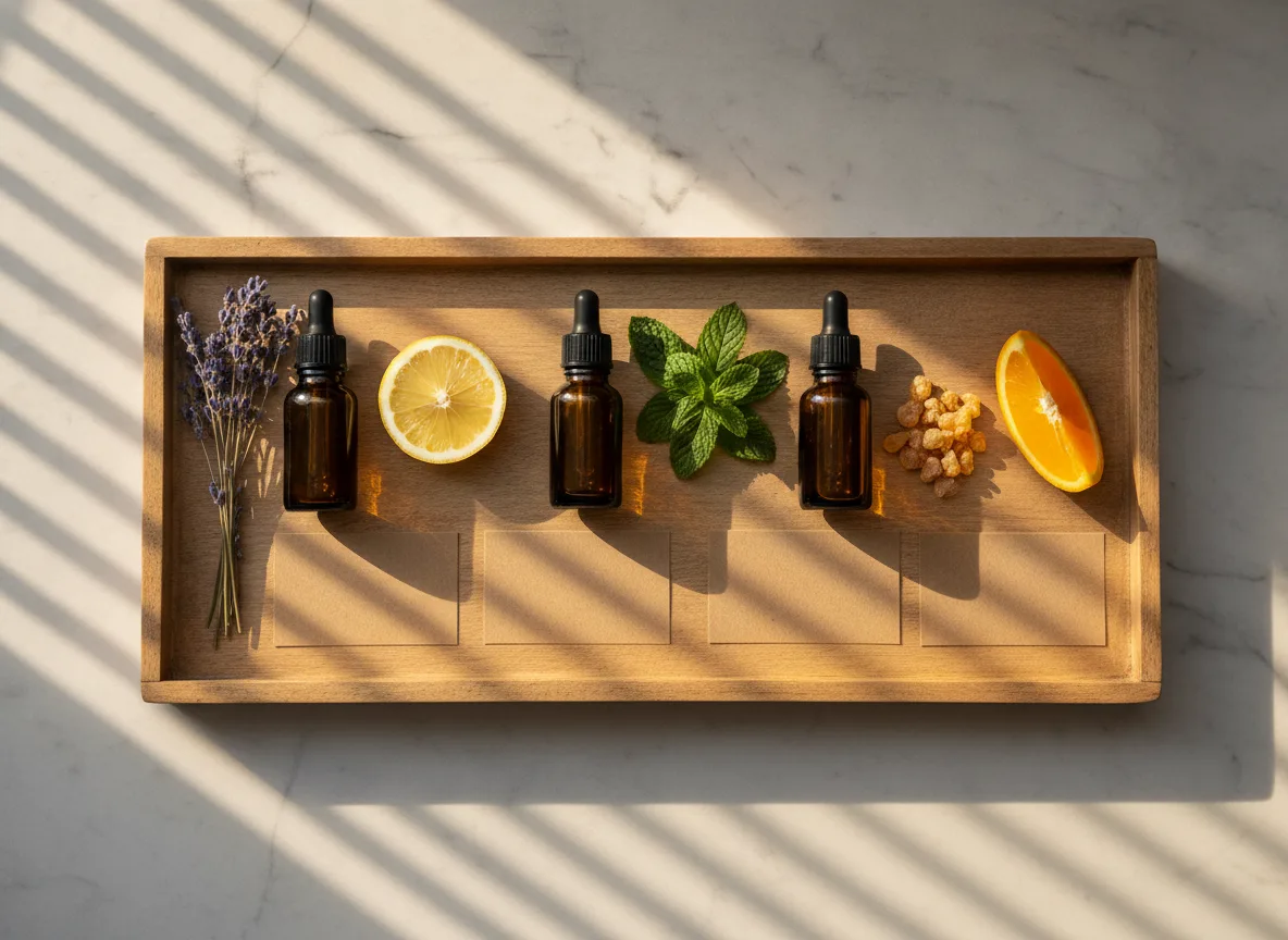 doTERRA Einsteiger Öle: Die 5 besten für den Start 3 Übersicht von fünf ätherischen Ölen mit passenden Naturzutaten auf Tablett