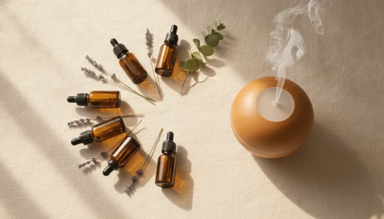 doTERRA Enrolment Kit mit ätherischen Ölen und Diffuser auf hellem Leinentuch