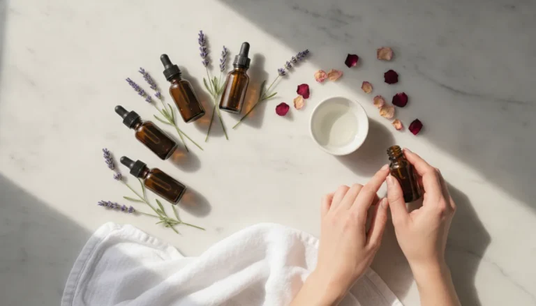 doTERRA Hautpflege Öle auf Marmor mit Lavendel und Trägeröl arrangiert