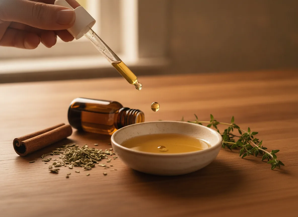 doTERRA Hautpflege Öle sicher und richtig anwenden 2 Tropfen ätherisches Öl fällt in Trägeröl neben Zimt und Oregano