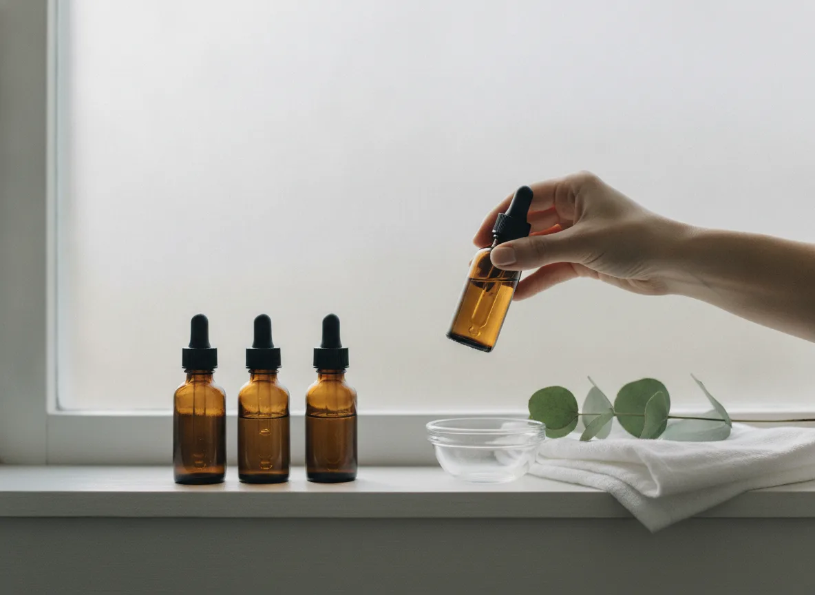 doTERRA Hautpflege Öle sicher und richtig anwenden 3 Hand hält doTERRA Hautpflege Öl im Licht auf Badezimmerregal