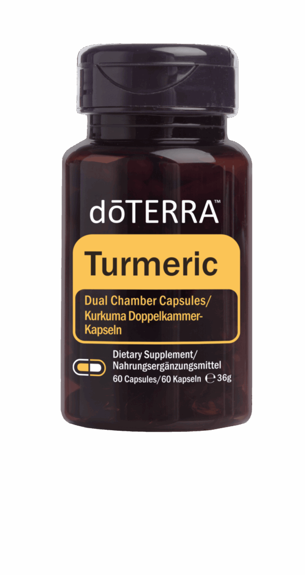 dōTERRA Kurkuma Kapseln Flasche mit gelbem Turmeric-Etikett