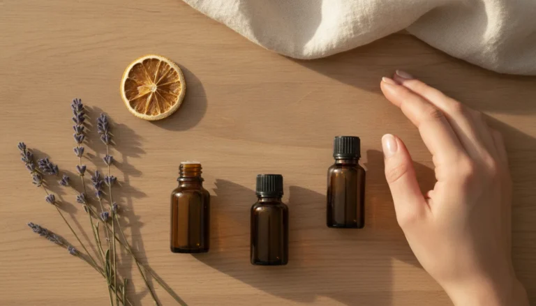 doTERRA Öle bestellen: ätherische Ölflaschen auf hellem Holztisch mit Lavendel