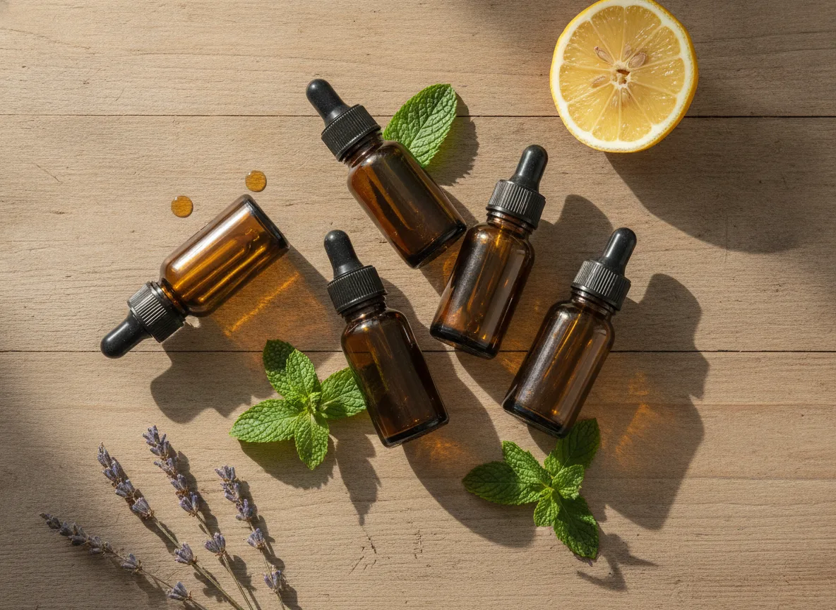 doTERRA Öle bestellen: Dein Einsteiger-Guide 2 Auswahl ätherischer Öle für Einsteiger: Lavendel, Zitrone und Pfefferminze auf Holz