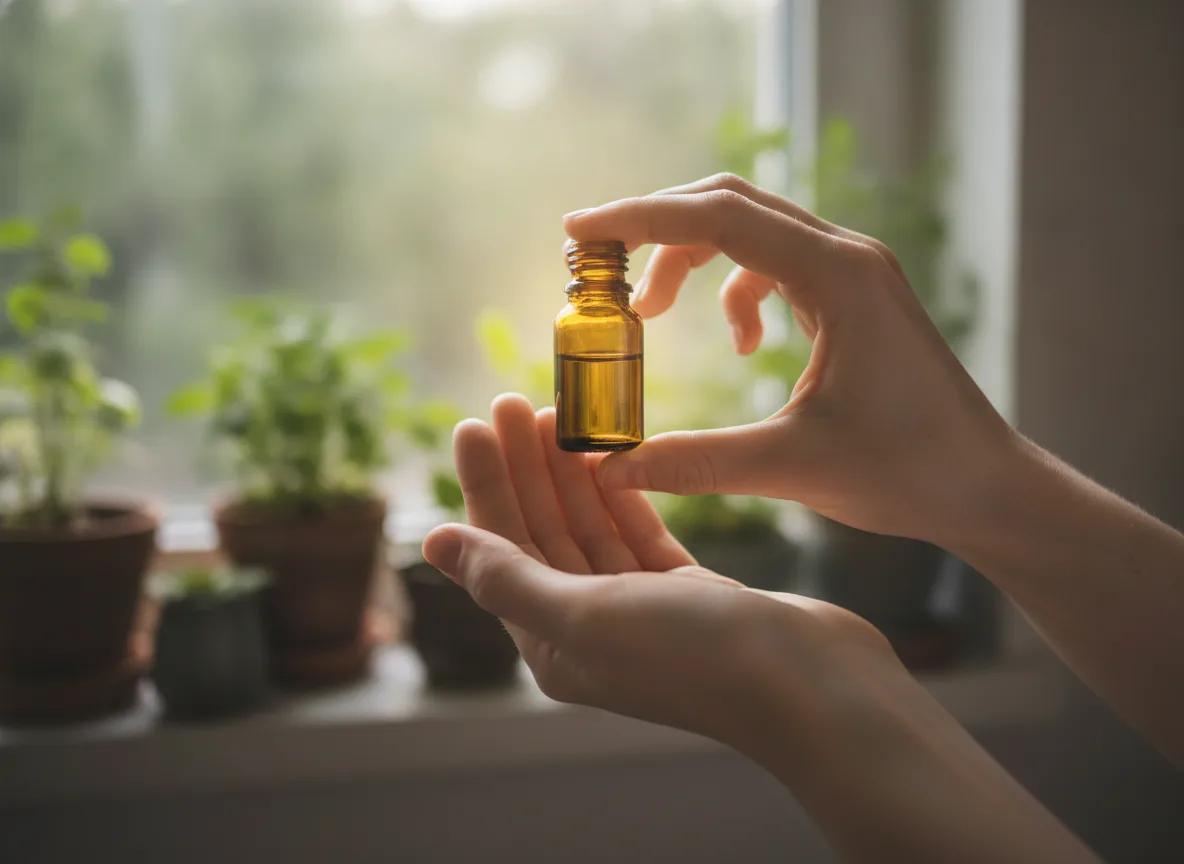 doTERRA Öle bestellen: Dein Einsteiger-Guide 3 Ätherisches Öl wird gegen Licht gehalten zur Qualitätsprüfung in naturnaher Umgebung
