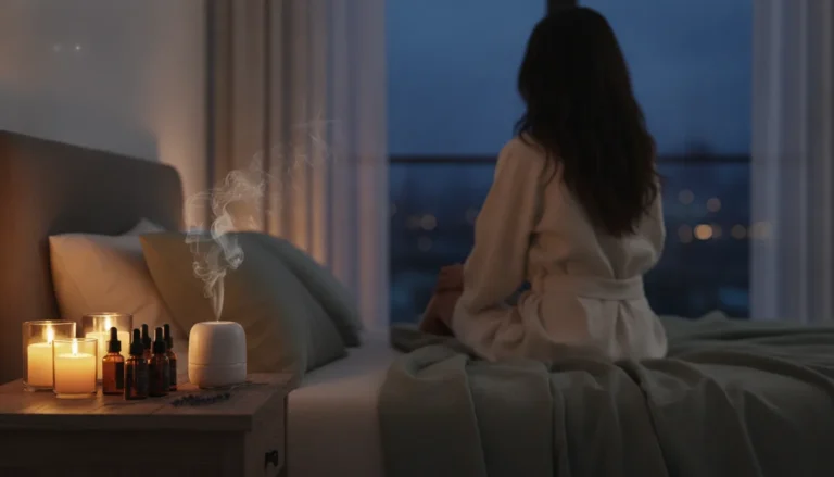 doTERRA Schlaföle auf einem Nachttisch mit Diffuser und Lavendel im Schlafzimmer