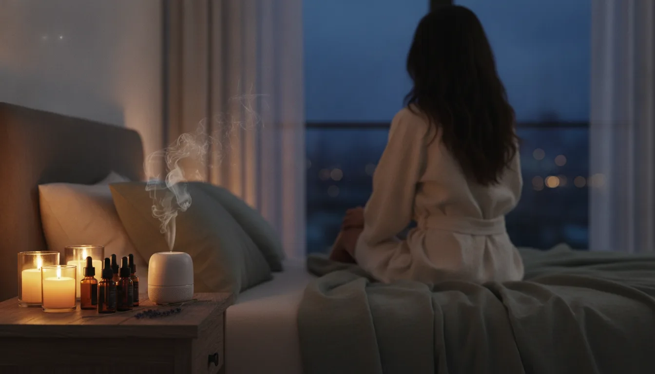 doTERRA Schlaföle: Rituale für erholsame Nächte 1 doTERRA Schlaföle auf einem Nachttisch mit Diffuser und Lavendel im Schlafzimmer