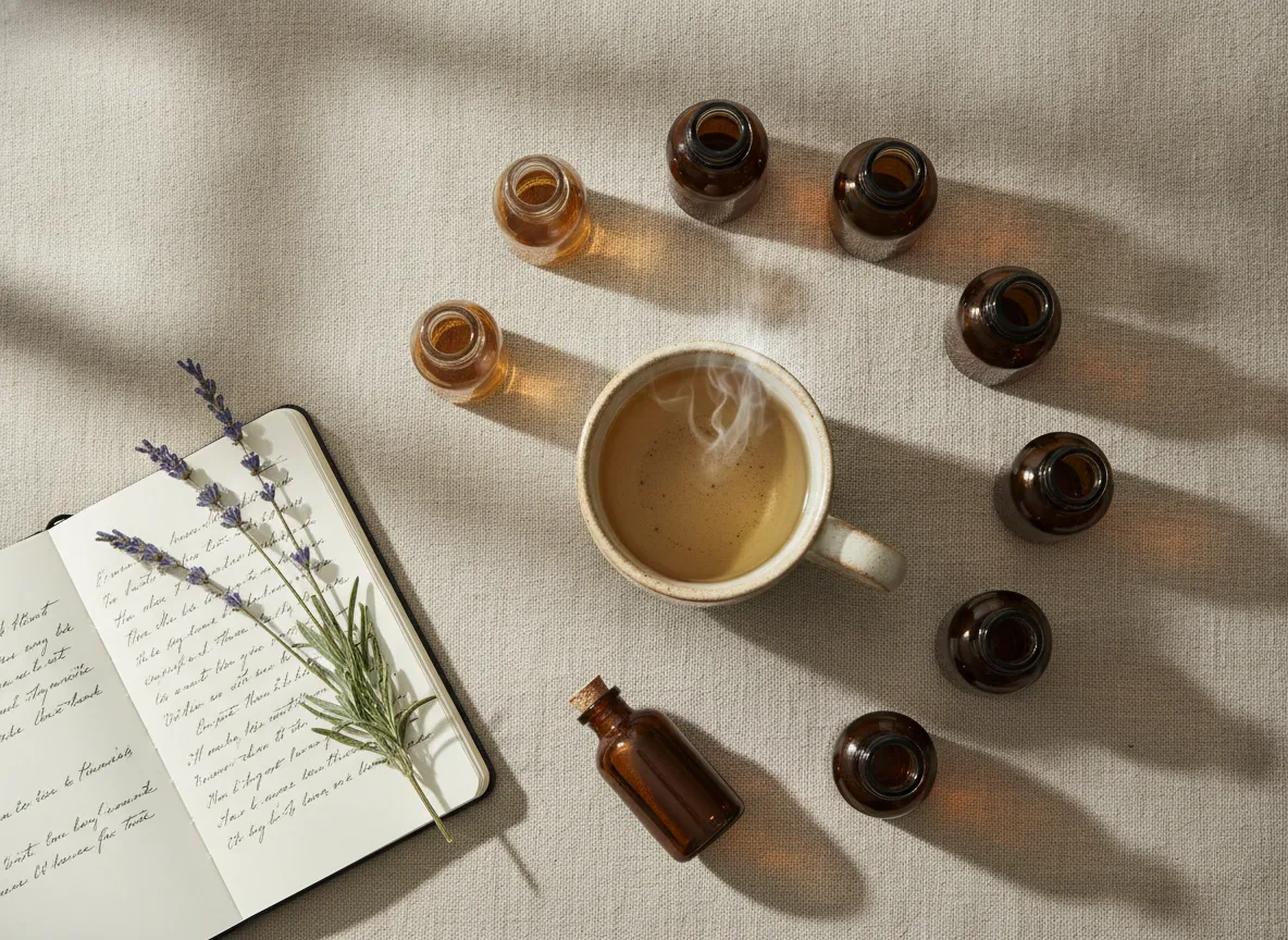 doTERRA Schlaföle: Rituale für erholsame Nächte 3 Ätherische Ölfläschchen mit Lavendel und Kräutertee als entspanntes Stillleben