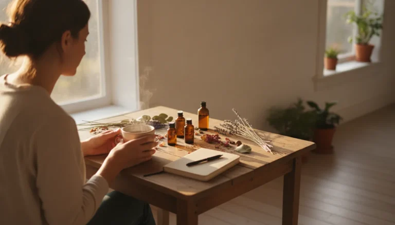 doTERRA Geschäftsmodell: Wellness-Botschafterin an hellem Holztisch mit ätherischen Ölen