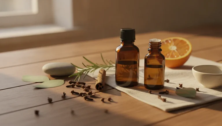 doTERRA Guard Deep Blue Mischungen mit Gewürzen und Kräutern auf Holztisch
