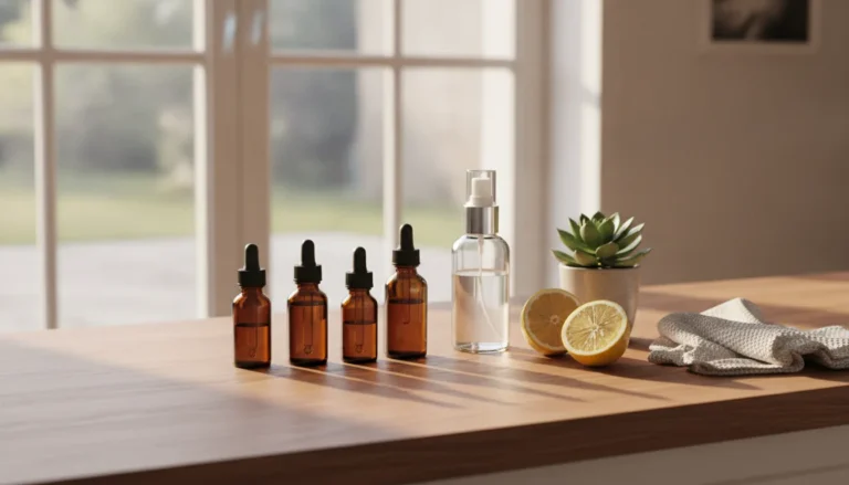 doTERRA Öle Haushalt Reinigung auf hellem Holztresen mit Zitrusfrüchten