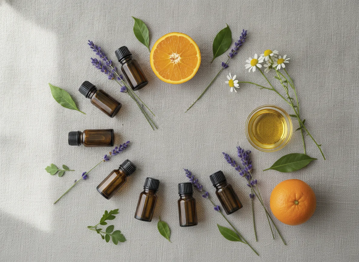 doTERRA Öle Kinder Schwangerschaft: Sicher anwenden 2 Sanfte ätherische Öle wie Lavendel, Mandarine und Kamille für Schwangere arrangiert