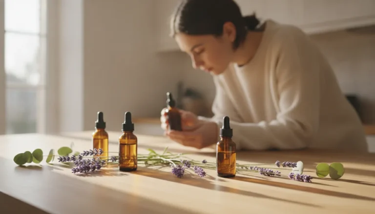doTERRA Vorteilskunde werden: Ätherische Öle auf hellem Holztresen mit Lavendelzweigen